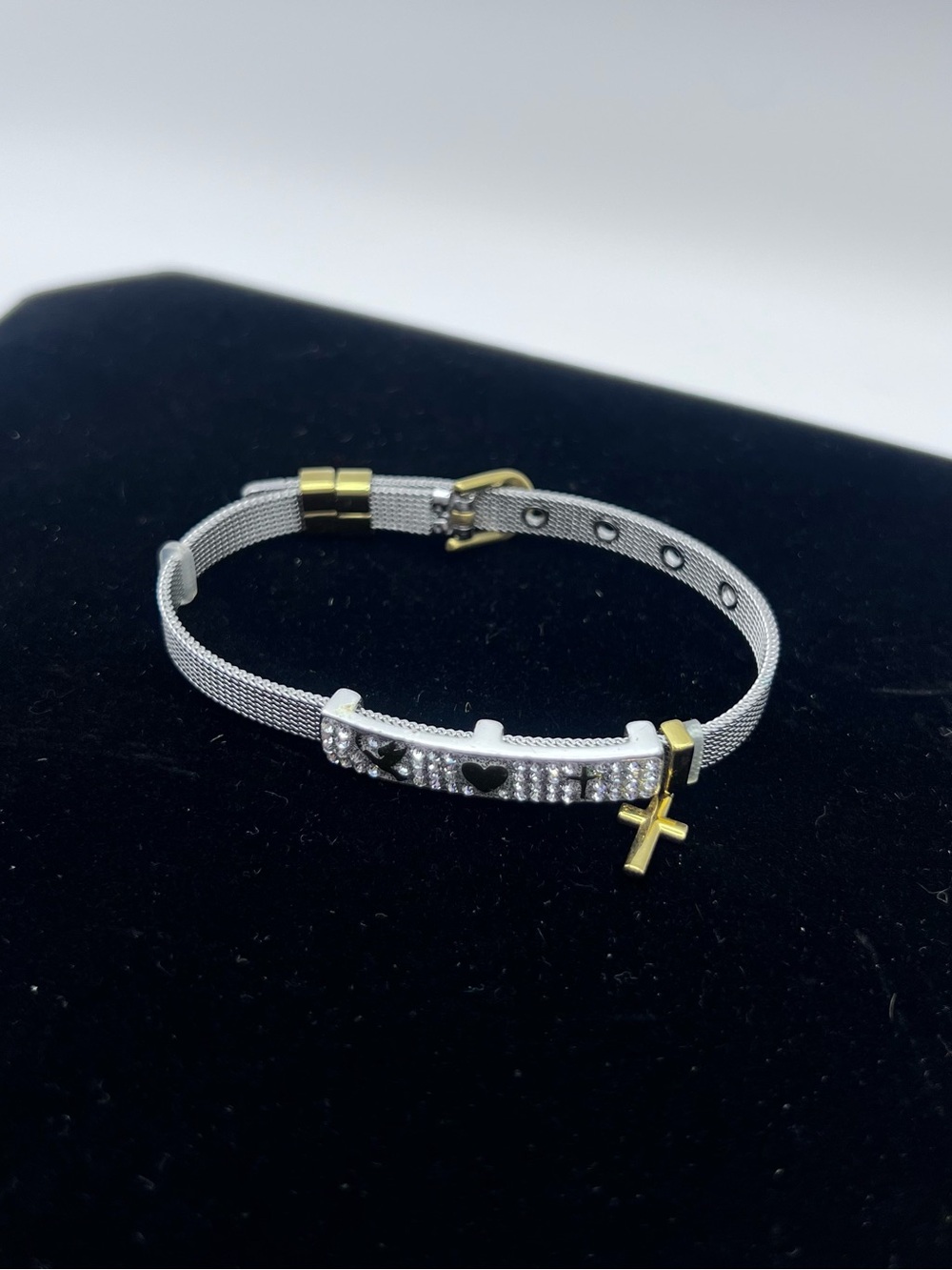 Two-Tone Heart & Cross Mesh Bracelet in Silver and Gold